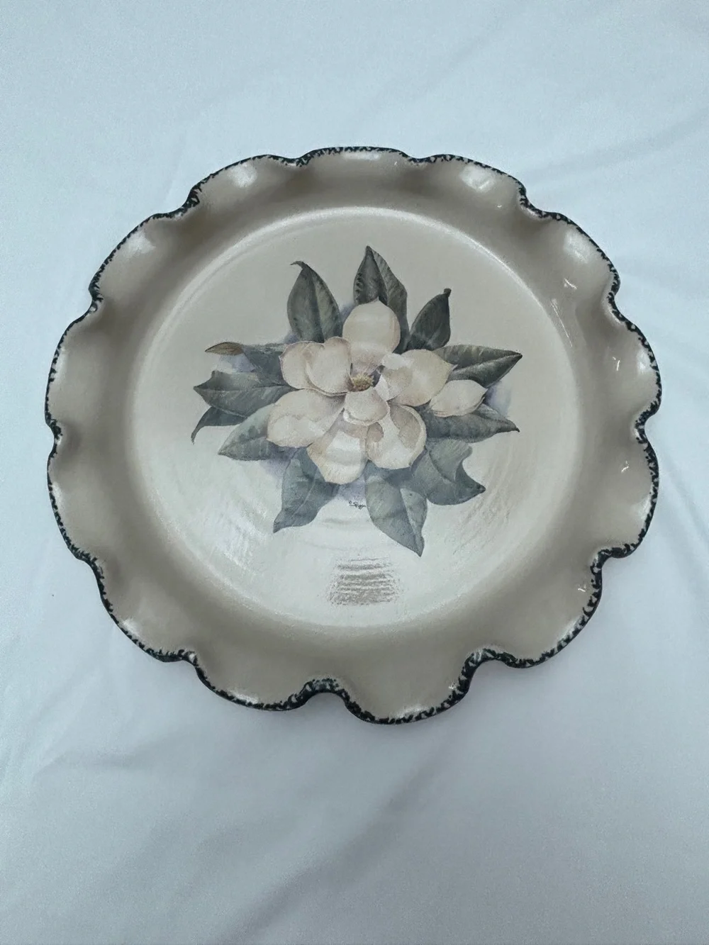Vintage Casey Pottery Stoneware Pie Baking Dish with Magnolia Ruffled Edge